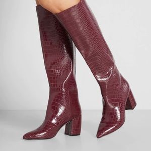 ModCloth burgundy knee high boots crocodile texture size 9